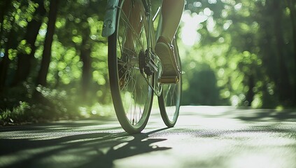 Naklejka premium Bicycle on a winding road in a park, with the focus on the wheel and the rider's legs during a summer day.