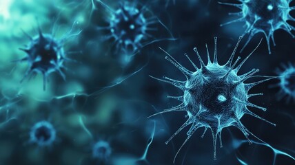 Obraz premium Microscopic virus background with detailed 3D cells and glowing particles — ideal for medical, scientific, and healthcare-themed designs or educational visuals