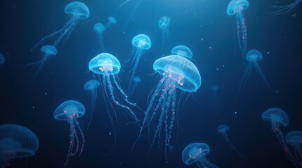 A dreamy underwater scene with multiple bioluminescent jellyfish pulsating soft colorful light in the vast, dark ocean, creating an enchanting and surreal underwater landscape