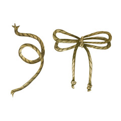 A set of watercolor illustrations, ropes, twines tied in a knot and a bow, all objects are drawn in torn watercolor. Suitable for printing and scrapbooking, design of cards and invitations.