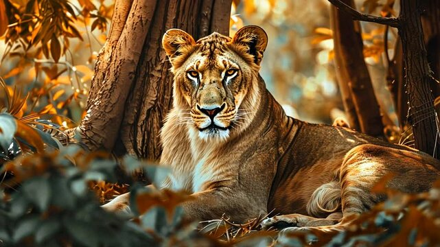 L&ouml;win liegt entspannt im goldenen Sonnenlicht