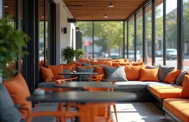 Fototapeta premium Modern outdoor cafe terrace with comfortable sofa, pillows. Cozy lounge zone at restaurant. Tables for relaxing, eating at resort. Orange armchairs, couches at sunny veranda. Urban lifestyle vacation.