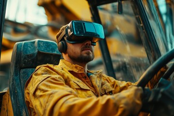 Operator uses virtual reality headset while controlling heavy machinery at construction site during the day