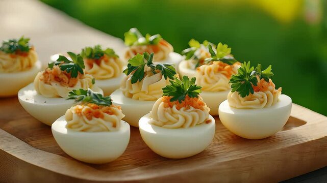 Deviled eggs with creamy filling garnished with parsley served outdoors in natural sunlight picnic snack