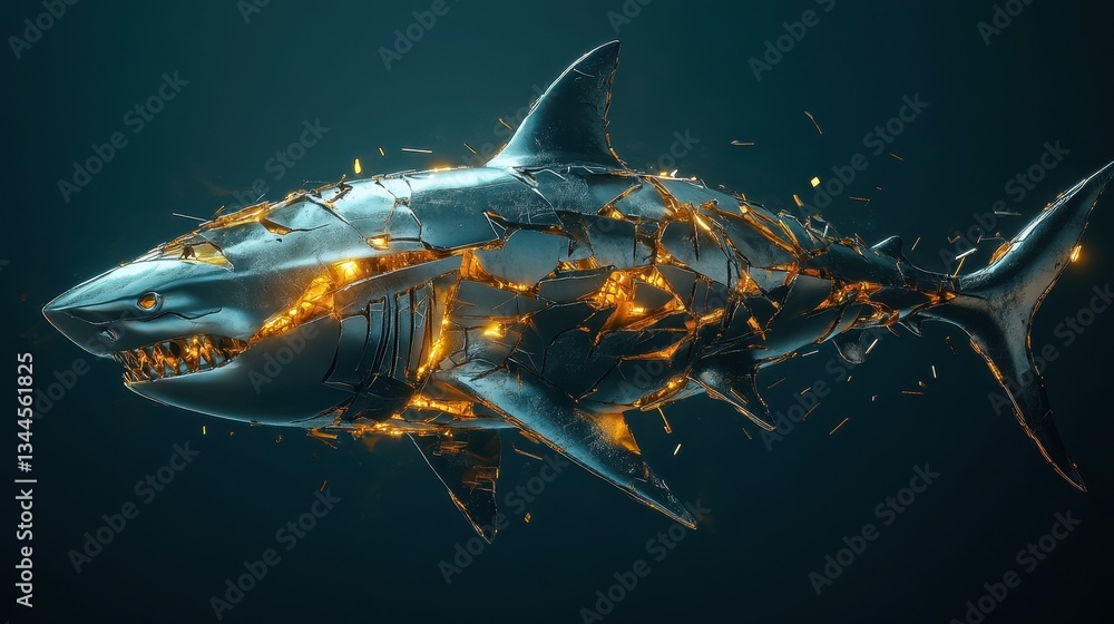 Aufkleber a metallic shark with glowing golden cracks in its form