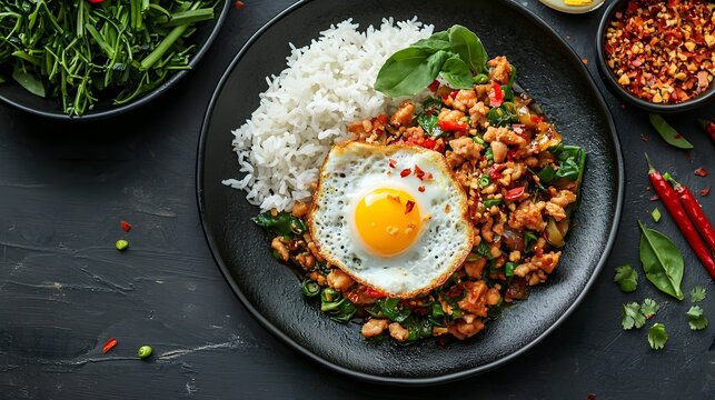 Thai Pad Krapow with crispy fried egg top view