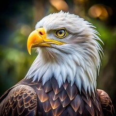 Obraz premium Majestic Eagle Portrait: A striking close-up captures the regal presence of a bald eagle, showcasing its piercing gaze, sharp yellow beak.