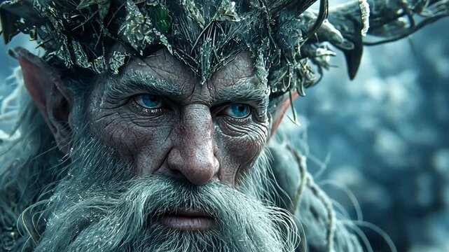 Alter weiser Mann mit eisigem Bart und Krone