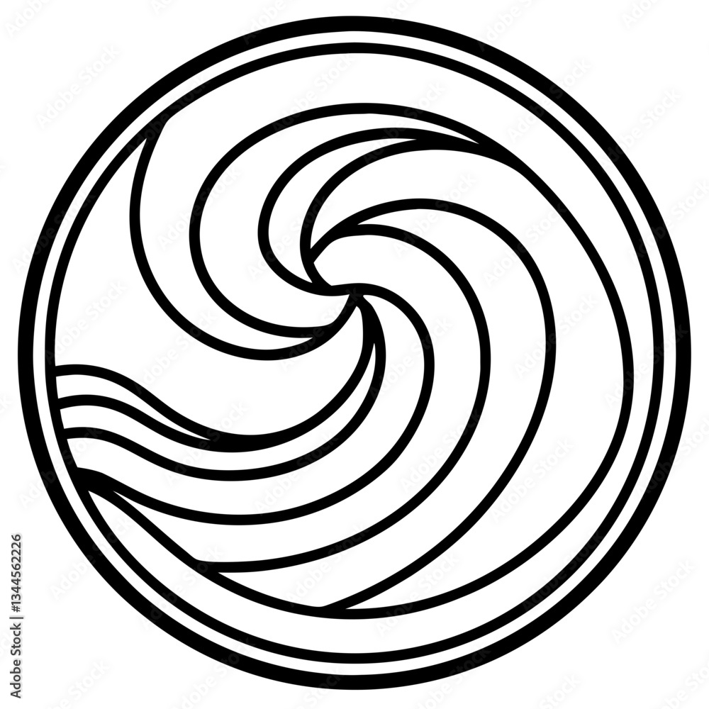 Poster a circular water wave design. the graphic features a swirl design inside the circle with wave-like p