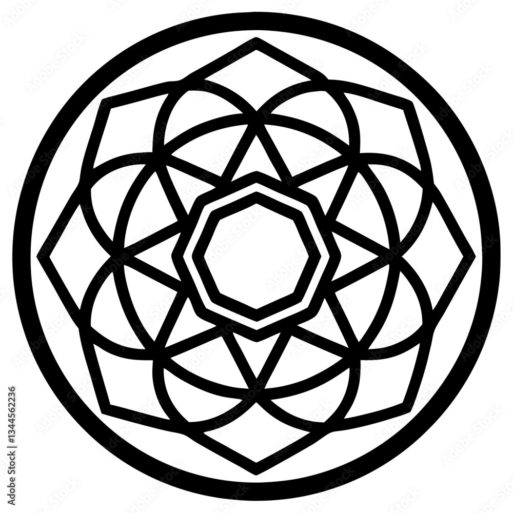 Poster intricate geometric pattern in a circular design, forming a visually striking symmetrical artwork. The pattern has multiple layers of intersecting lines and shapes vector illustration