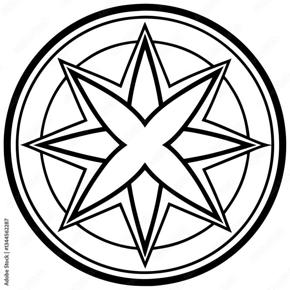 Poster a black and white geometric star design enclosed within a circle, embodying a sense of direction and