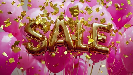 Colorful pink balloons fill the atmosphere as golden decorations enhance the festive setting during a sale event, creating a lively shopping experience for everyone
