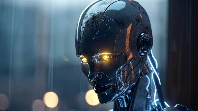Roboter mit leuchtenden Augen in dunkler Umgebung
