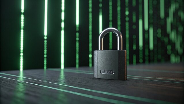 gray padlock against glowing green digital matrix isolated on dark background
