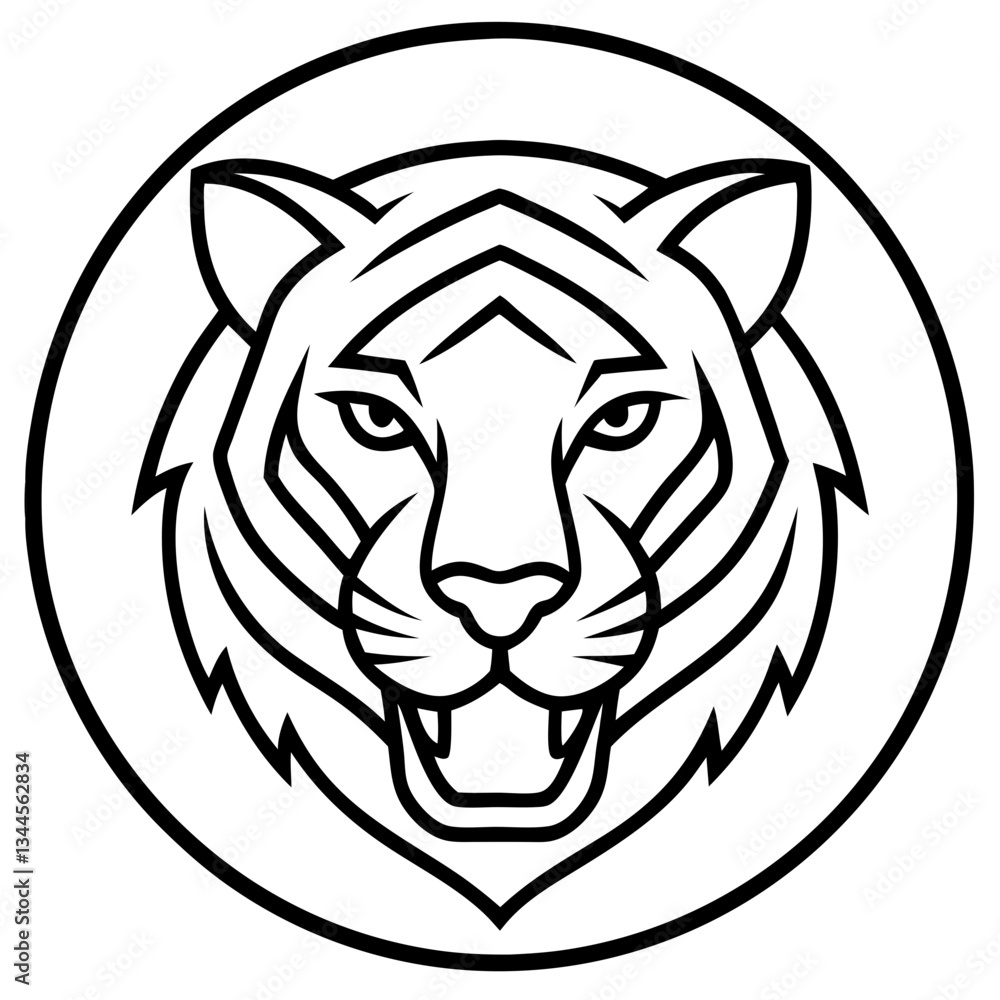 Poster a simple line art of a tiger's face in a circular frame, ready for use in branding. the tiger's focu