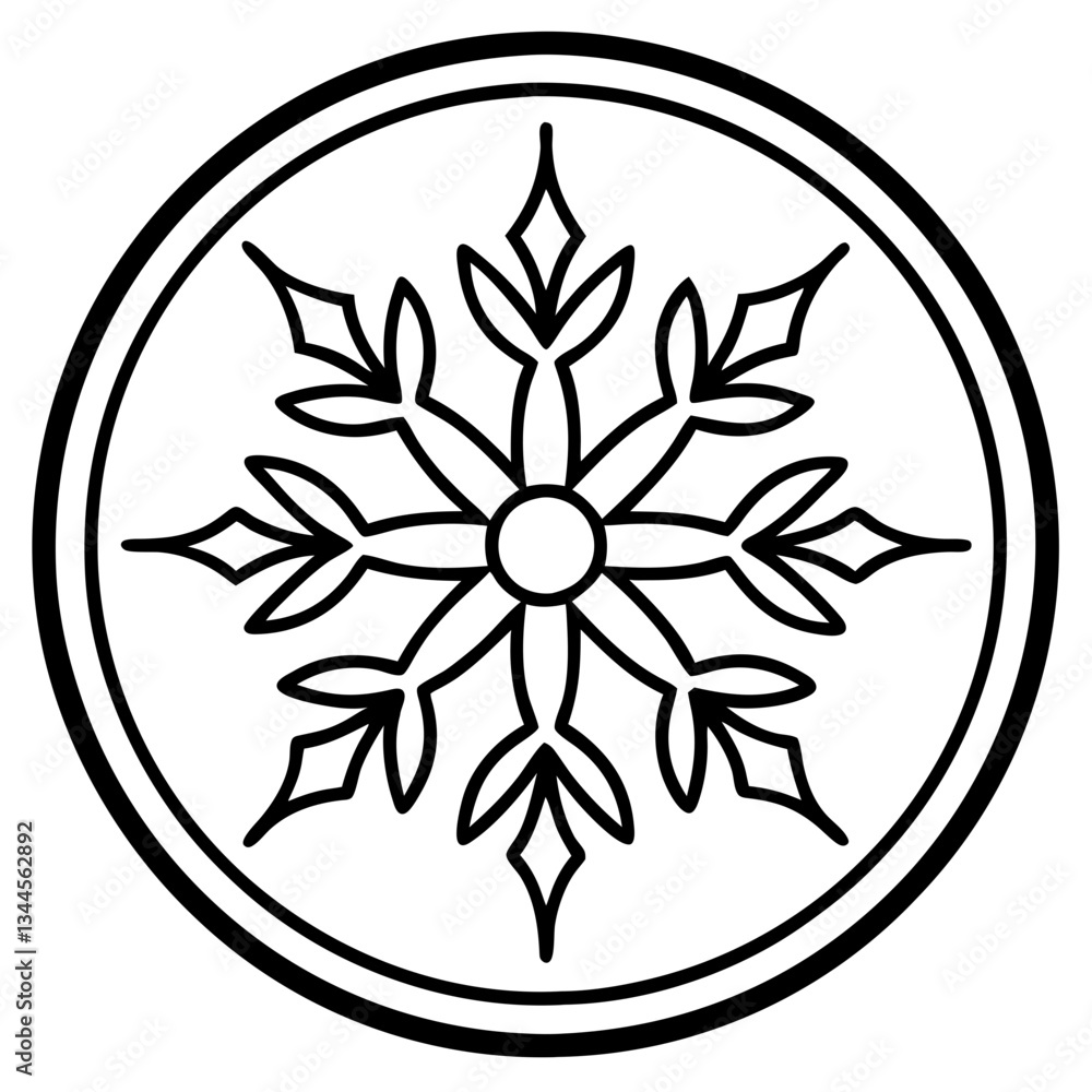 Poster a black and white detailed snowflake design within a circular frame. the snowflake is symmetrical, w