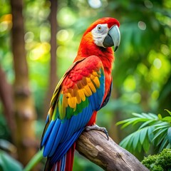 Obraz premium Vibrant Parrot: A majestic macaw perches on a branch, showcasing its vividly colorful plumage amidst a lush, green environment, representing exotic wildlife.