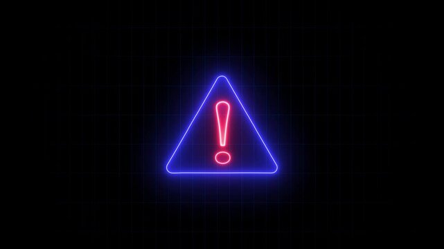 Neon warning icon animation. Glowing neon warning sign, exclamation mark concept. Important notification,