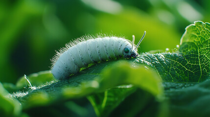 Fototapeta premium White caterpillar on a bright green leaf.