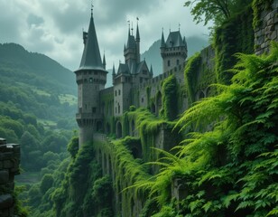 Fototapeta premium Majestic castle ruins surrounded by lush greenery mountainous landscape high angle view fantasy concept