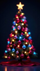 Fototapeta premium Bright multicolor Christmas tree with sparkling ornaments and lights, Christmas tree, festive lights, illumination