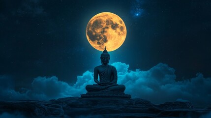 Buddha purnima celebration featuring a serene buddha statue under a full moon night sky