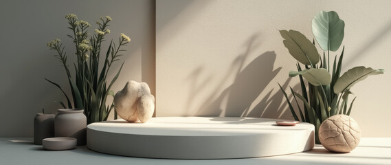 minimalist display with plants stones and vessels in soft sunlight