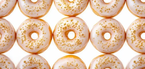 Fototapeta premium Seamless pattern of artisan brioche donuts, rich vanilla bean glaze, and gold-dusted sprinkles, a luxurious twist on a classic treat