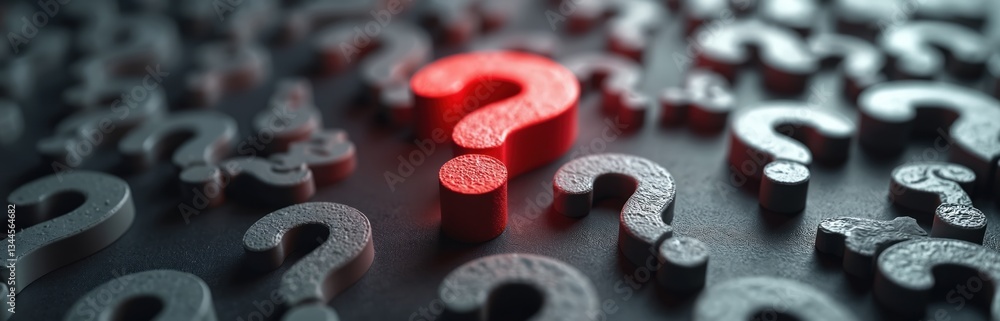 Poster 3d rendering of question mark background. one red, white question mark symbol standing out from blur