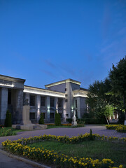 Building light with electric light in the evening. Kaldayakov street. Concert place. 