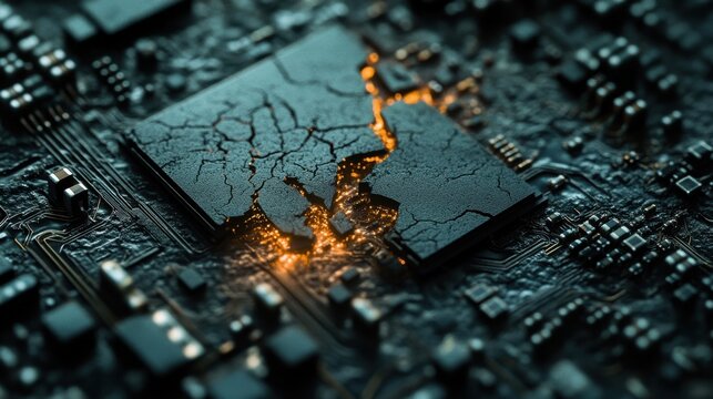 Cracked Circuit Board with Glowing Orange Light Beneath Broken Microchip