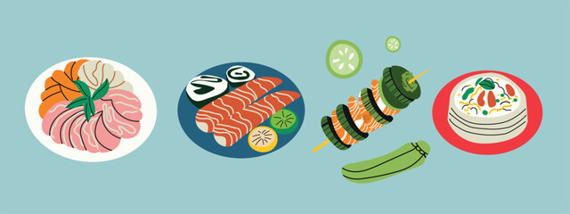 A vibrant set of tasty food illustrations, featuring a variety of delicious dishes. Perfect for menus, recipe books, food blogs, packaging, and social media.