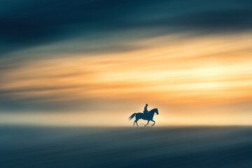 Fototapeta premium Rider on Horse Galloping Across Open Plain at Sunrise