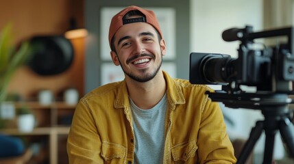 Smiling young businessman provides video testimonial in modern office setting with casual attire