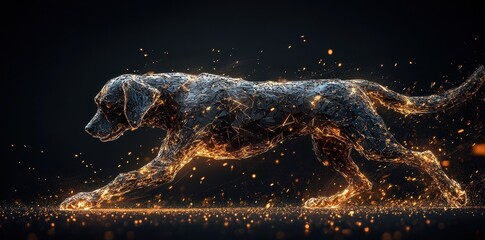 A dog made of light runs across a dark background
