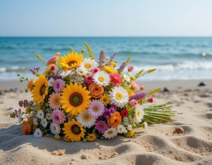 Vibrant floral bouquet on sandy beach coastal scene nature photography bright daylight freshness and beauty