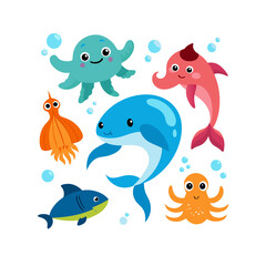 cartoon sea animals set Isolated on transparent background