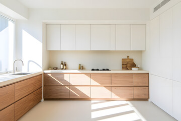 Modern Minimalist Kitchen Design with Wooden Cabinets & Crisp White Accents.