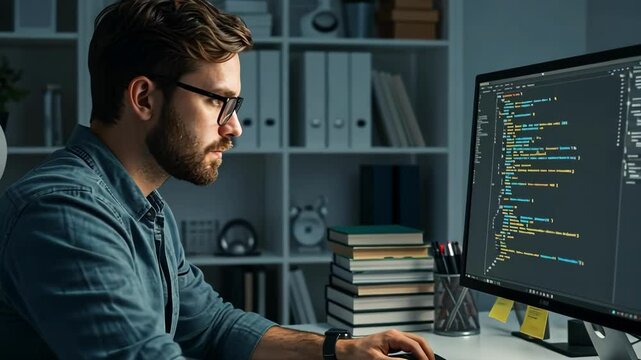 A focused individual codes at a modern desk, embodying a creative and productive workspace atmosphere, complemented by soft lighting.