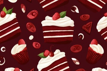 Seamless pattern of decadent red velvet cake slices, cream cheese frosting swirls, and rich burgundy hues, luxurious and sophisticated