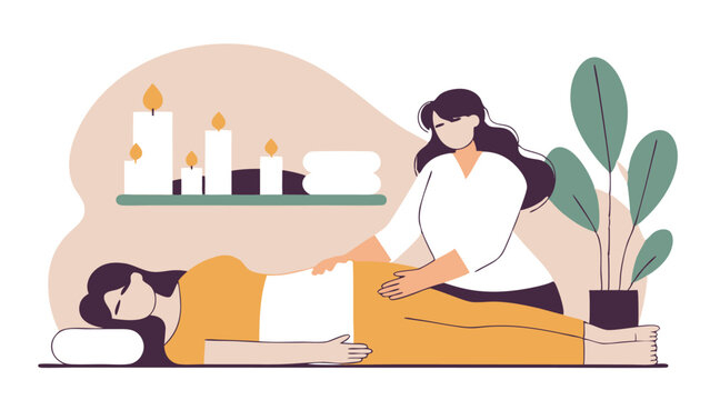 A female masseur performs a massage on a patient in a relaxing atmosphere of a spa salon. Candles are burning in the room, creating coziness and promoting complete relaxation.