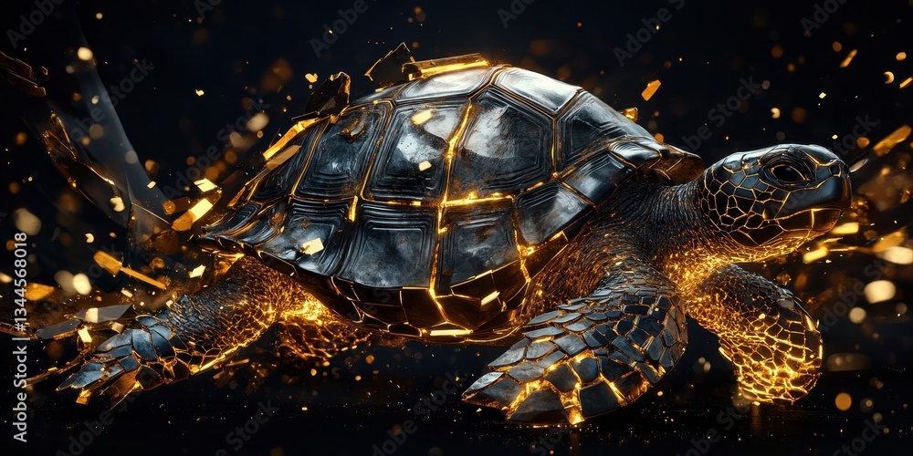 Poster an artistic representation of a turtle with golden light effects