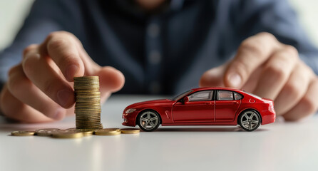 Businessman stacking coins next to a toy car, representing saving money for a car purchase, auto loan, or automotive investment