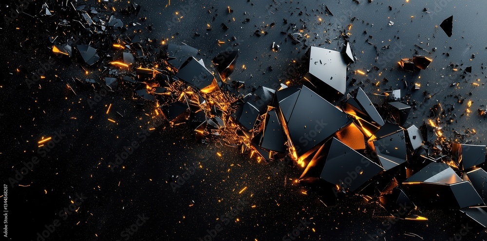 Poster abstract representation of broken black objects with golden glow