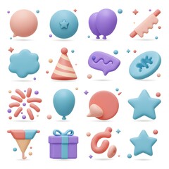 A delightful collection of 3D pastel party icons celebrating joy and festivity with soft, rounded shapes and playful sprinkles.