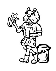 Black and white vector image of a dog feeding a kitten with milk on a white isolated background