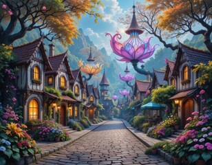 Charming fantasy village enchanted forest digital art serene environment wide-angle view imagination