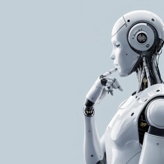 Naklejka premium A sleek, futuristic robot with a thoughtful expression, featuring a blend of metallic and synthetic elements, emphasizing advanced technology and design.