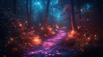 Enchanting path in a mystical forest at night, illuminated by glowing flora.