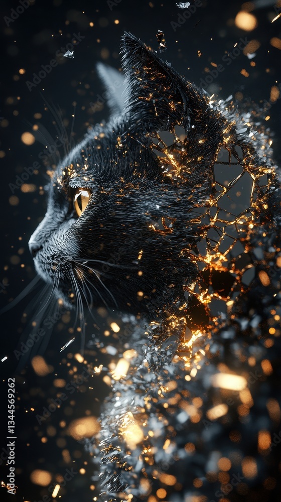 Poster a black cat with fragmenting detail against a dark background